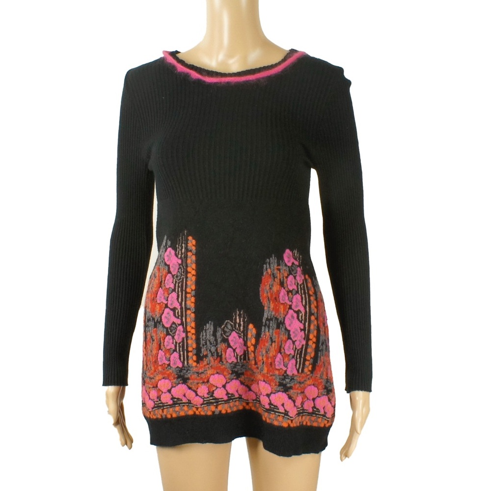 Didier Parakian Paris Black Knit Floral Long Sleeve Wool Blend Long Top